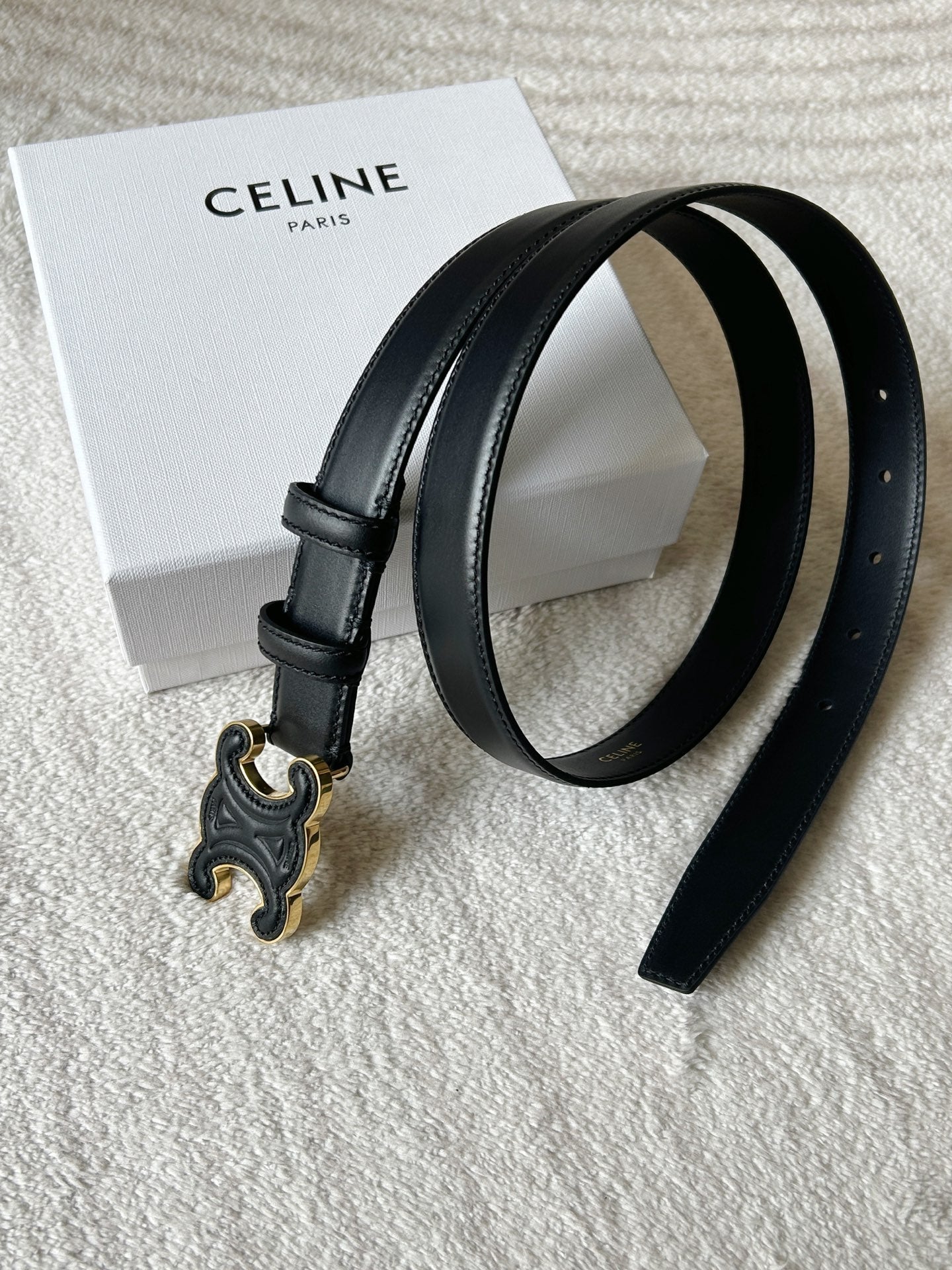 CELINE TRIOMPHE BELT 24MM IN BLACK CALFSKIN WITH LEATHER BUCKLE GOLD HARDWARE