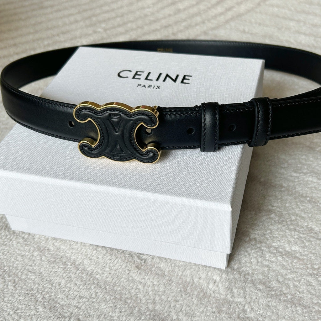 CELINE TRIOMPHE BELT 24MM IN BLACK CALFSKIN WITH LEATHER BUCKLE GOLD HARDWARE