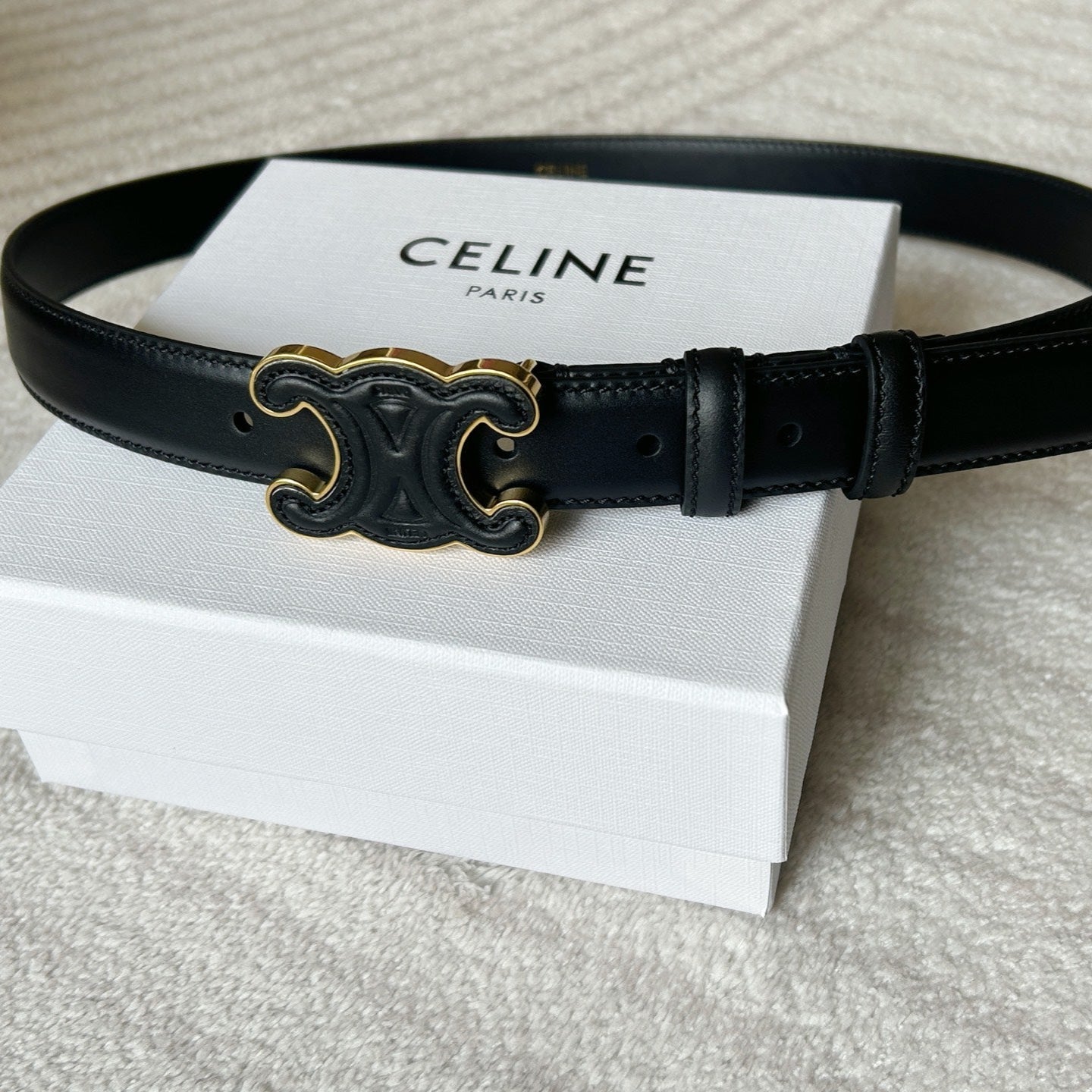 CELINE TRIOMPHE BELT 24MM IN BLACK CALFSKIN WITH LEATHER BUCKLE GOLD HARDWARE