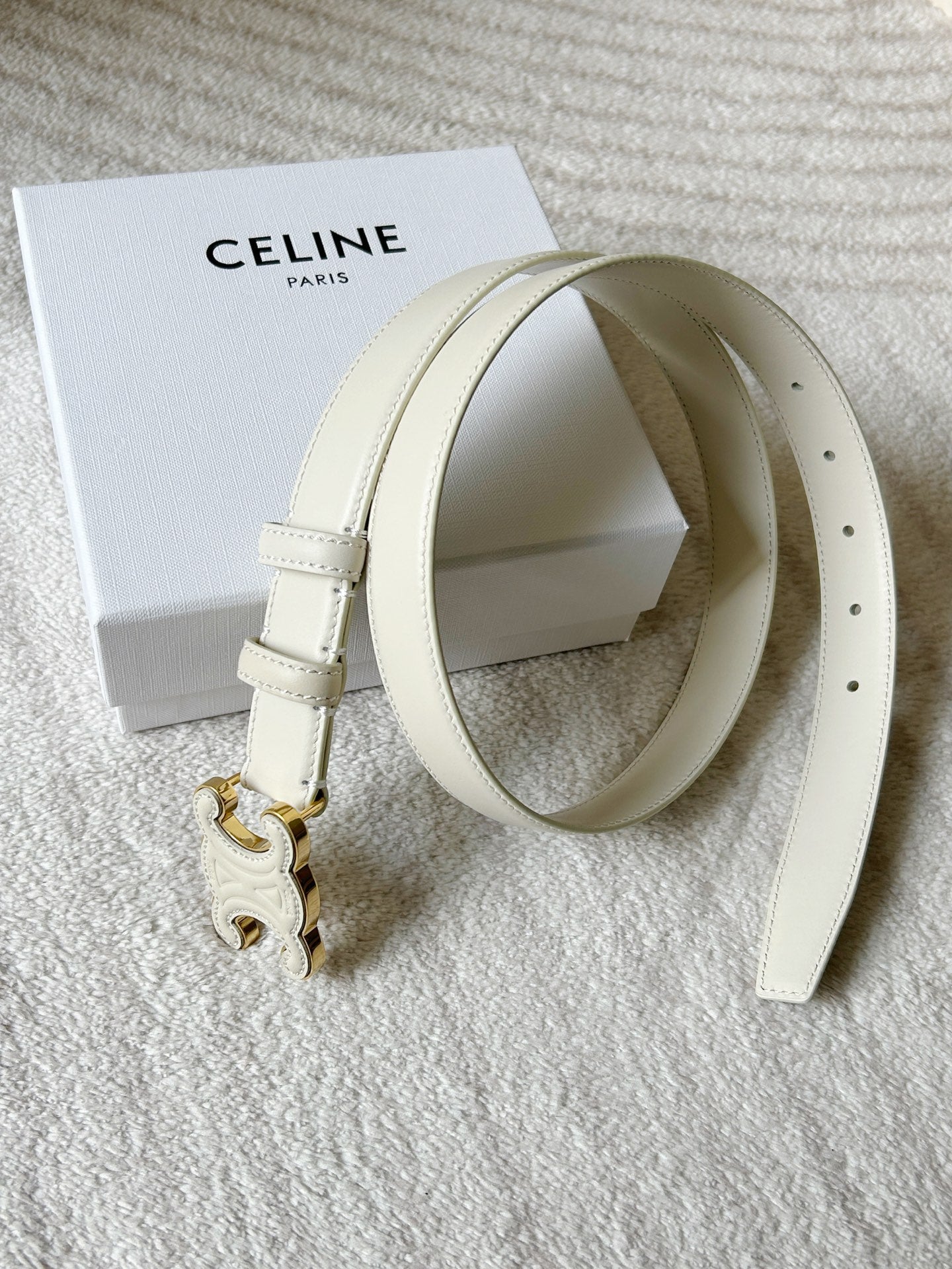 CELINE TRIOMPHE BELT 24MM IN WHITE CALFSKIN WITH LEATHER BUCKLE