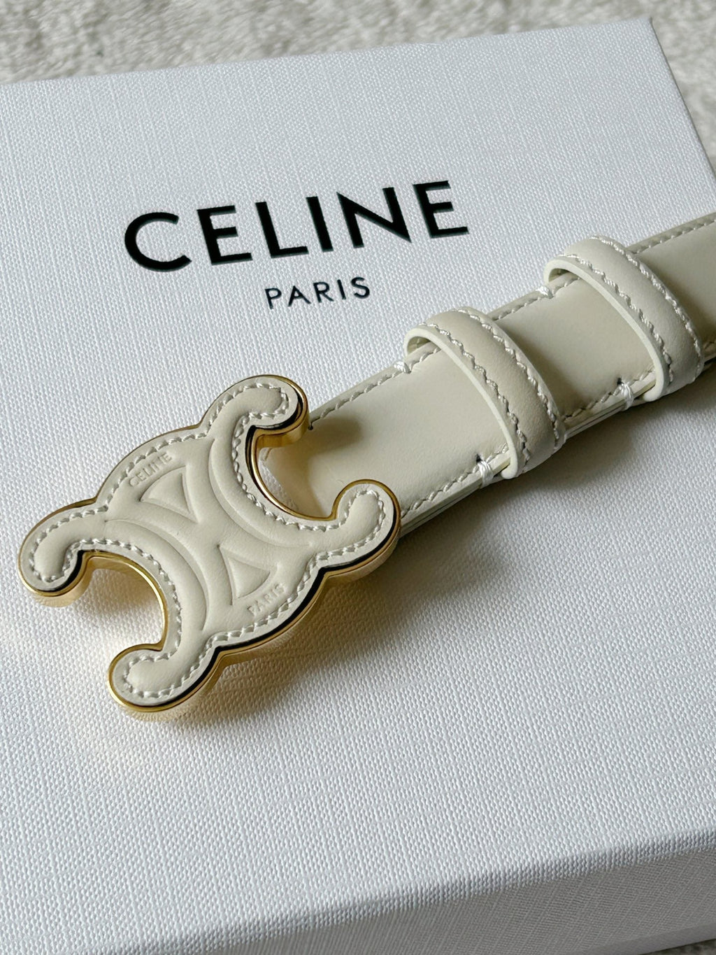 CELINE TRIOMPHE BELT 24MM IN WHITE CALFSKIN WITH LEATHER BUCKLE
