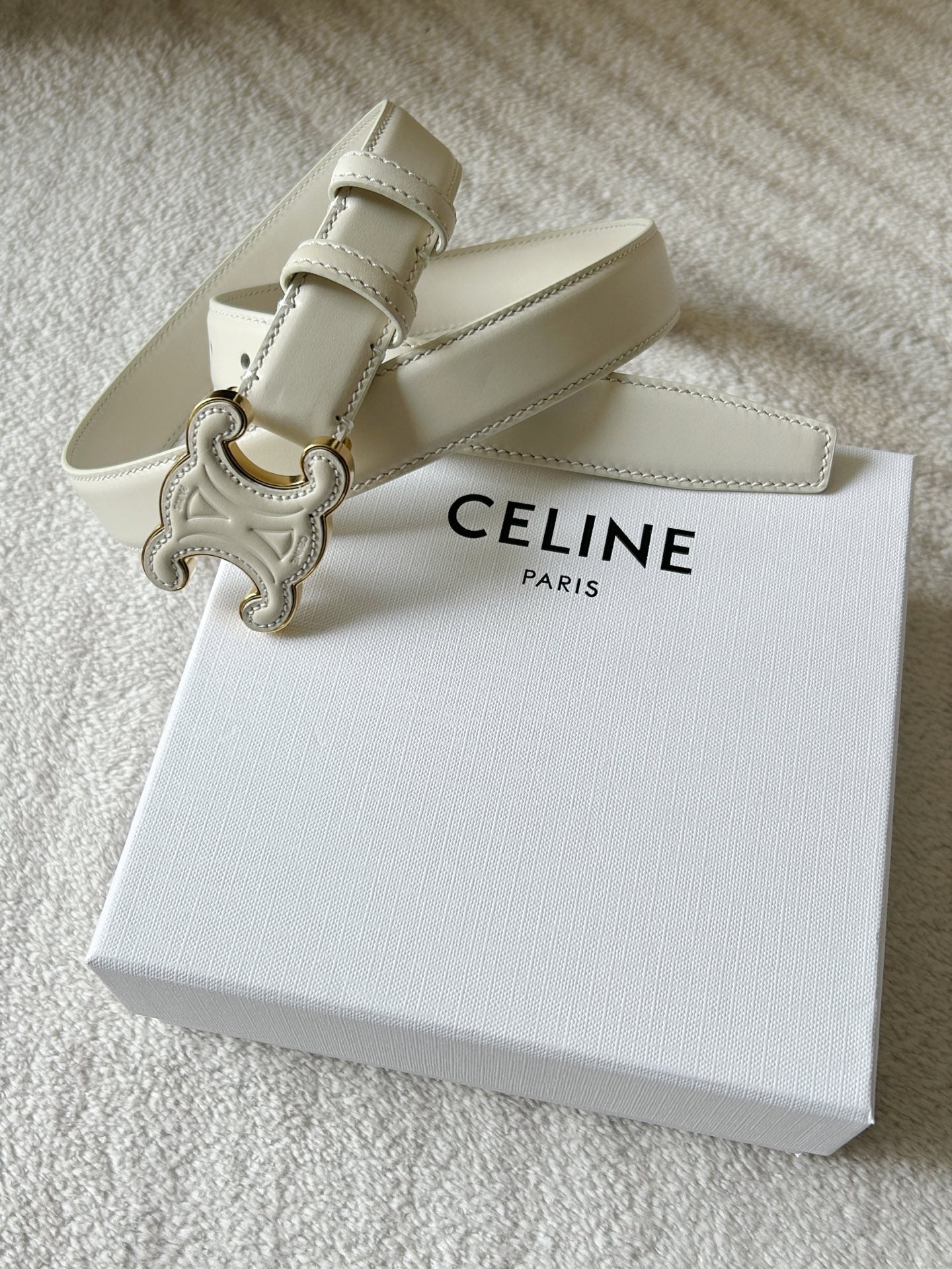 CELINE TRIOMPHE BELT 24MM IN WHITE CALFSKIN WITH LEATHER BUCKLE