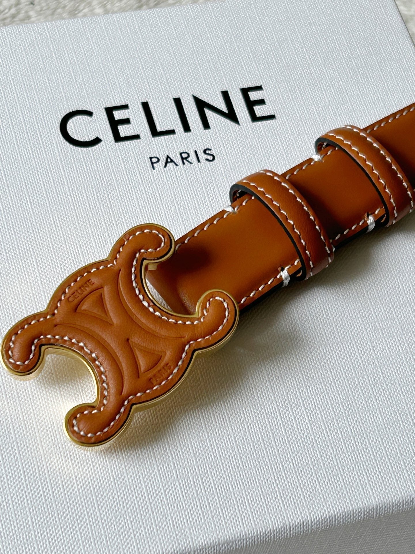 CELINE TRIOMPHE BELT 24MM IN BROWN CALFSKIN WITH LEATHER BUCKLE
