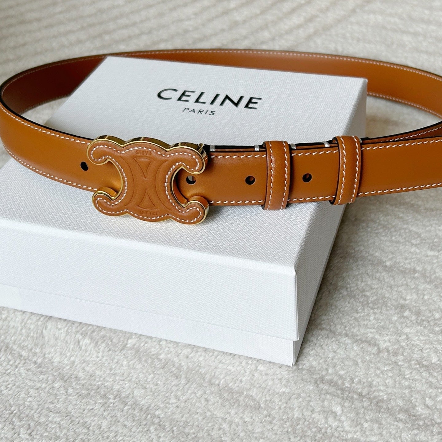 CELINE TRIOMPHE BELT 24MM IN BROWN CALFSKIN WITH LEATHER BUCKLE