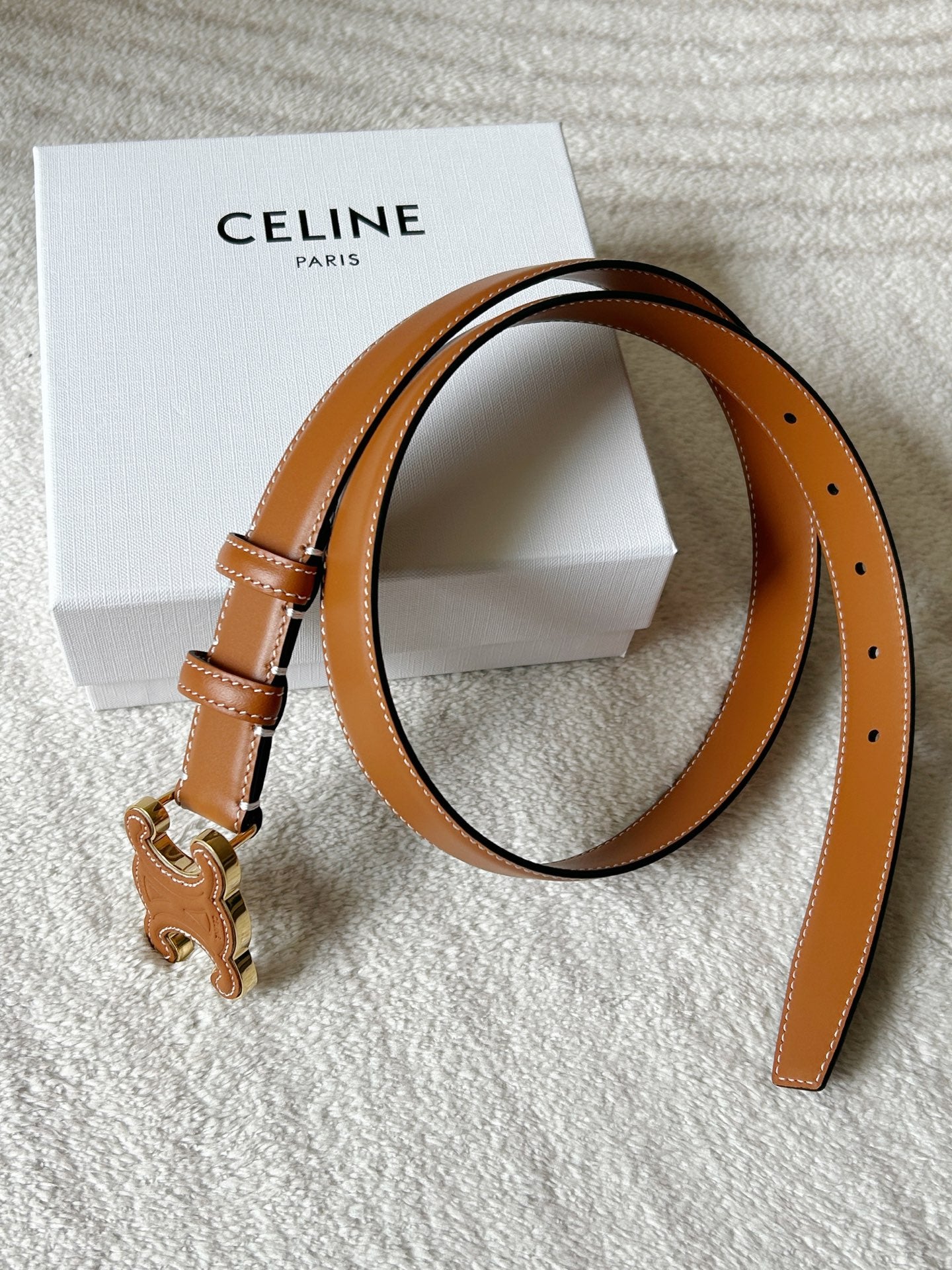 CELINE TRIOMPHE BELT 24MM IN BROWN CALFSKIN WITH LEATHER BUCKLE