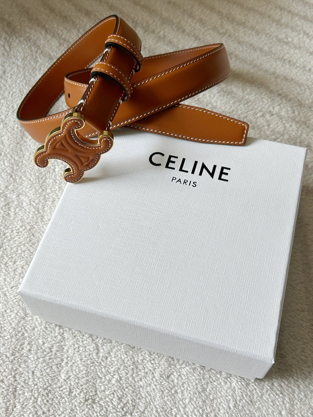 CELINE TRIOMPHE BELT 24MM IN BROWN CALFSKIN WITH LEATHER BUCKLE