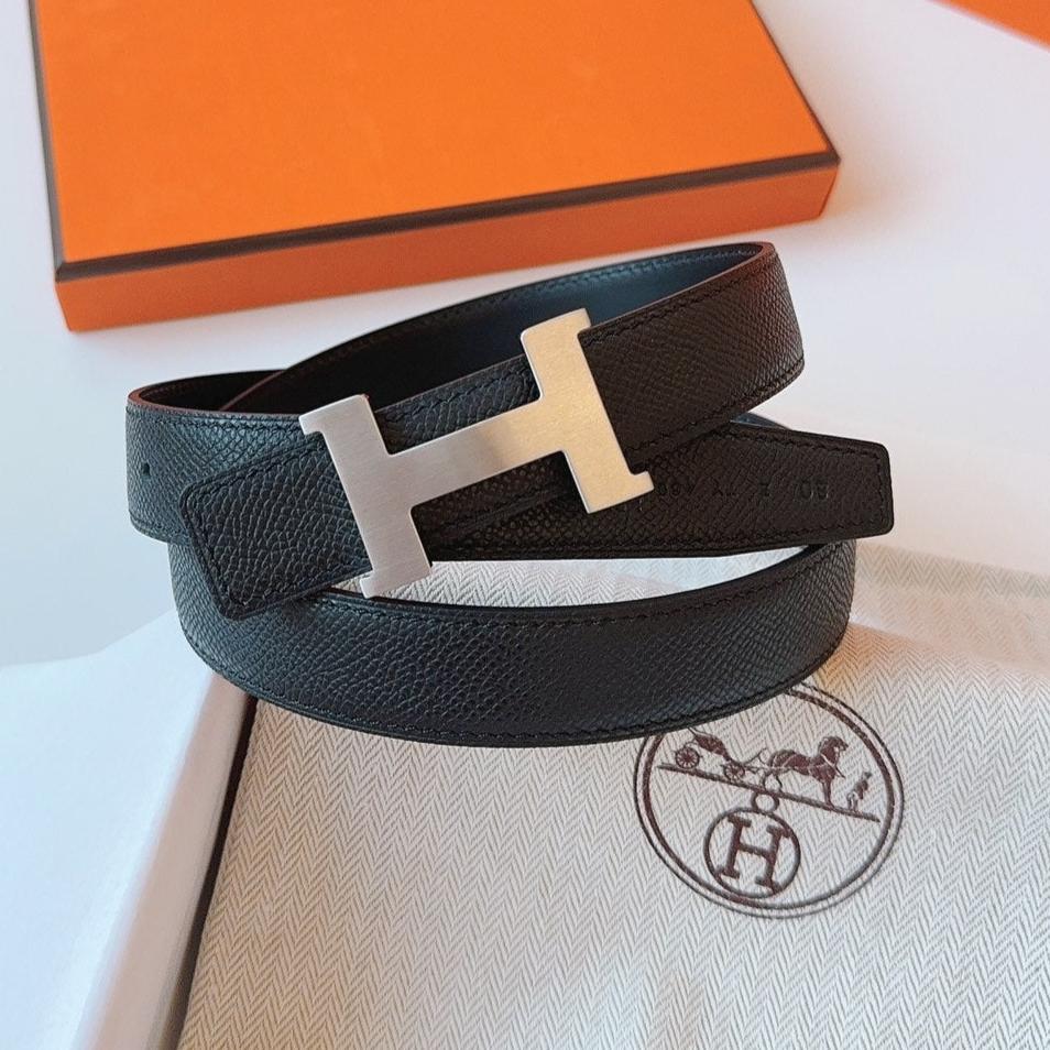 HERMES MINI H BELT BUCKLE & REVERSIBLE BLACK LEATHER STRAP 24 MM SILVER HARDWARE