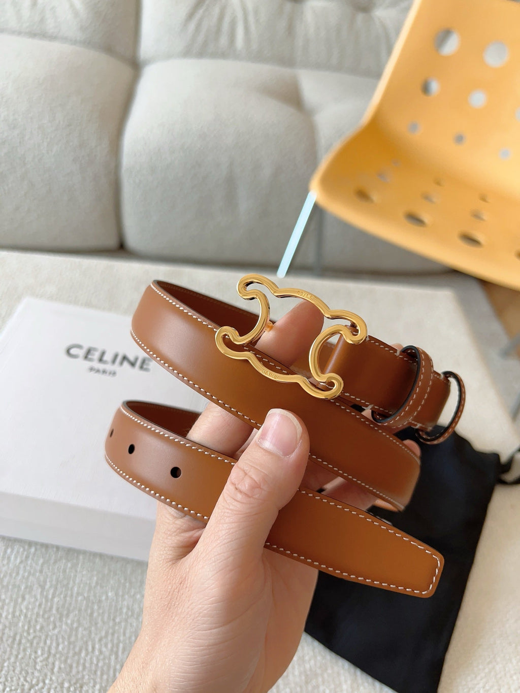 CELINE BELT 25MM TRIOMPHE LOGO CUT-OUT IN BROWN SMOOTH CALFSKIN WITH GOLD BUCKLE