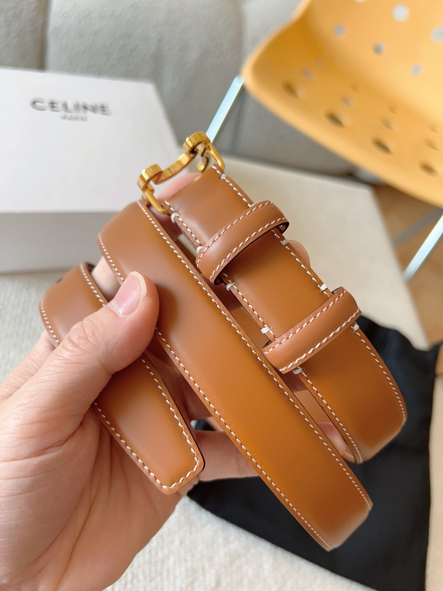 CELINE BELT 25MM TRIOMPHE LOGO CUT-OUT IN BROWN SMOOTH CALFSKIN WITH GOLD BUCKLE