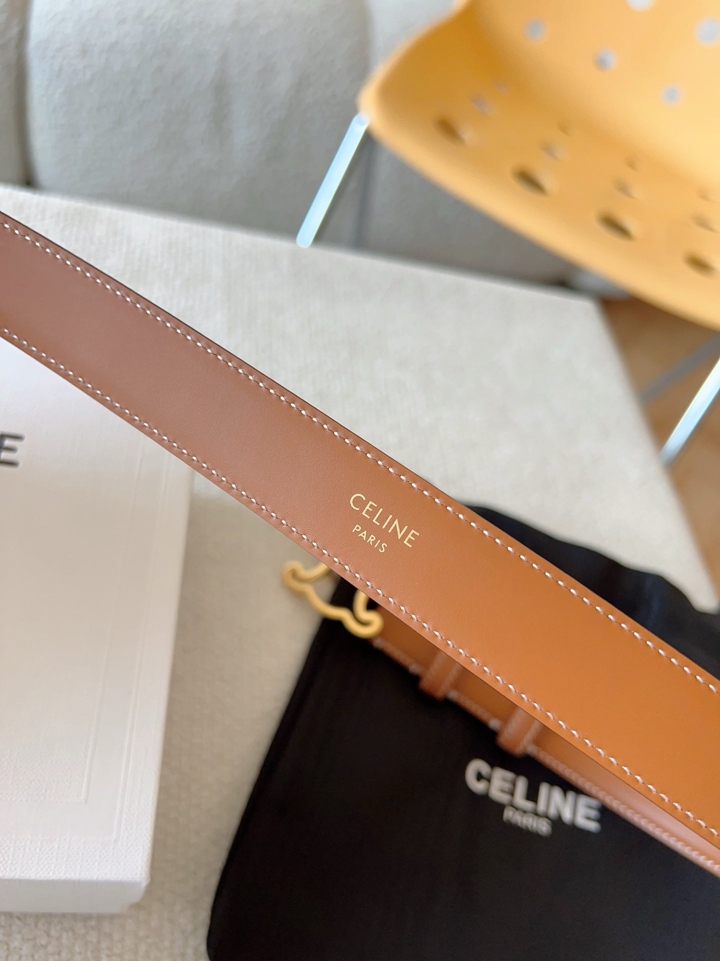CELINE BELT 25MM TRIOMPHE LOGO CUT-OUT IN BROWN SMOOTH CALFSKIN WITH GOLD BUCKLE
