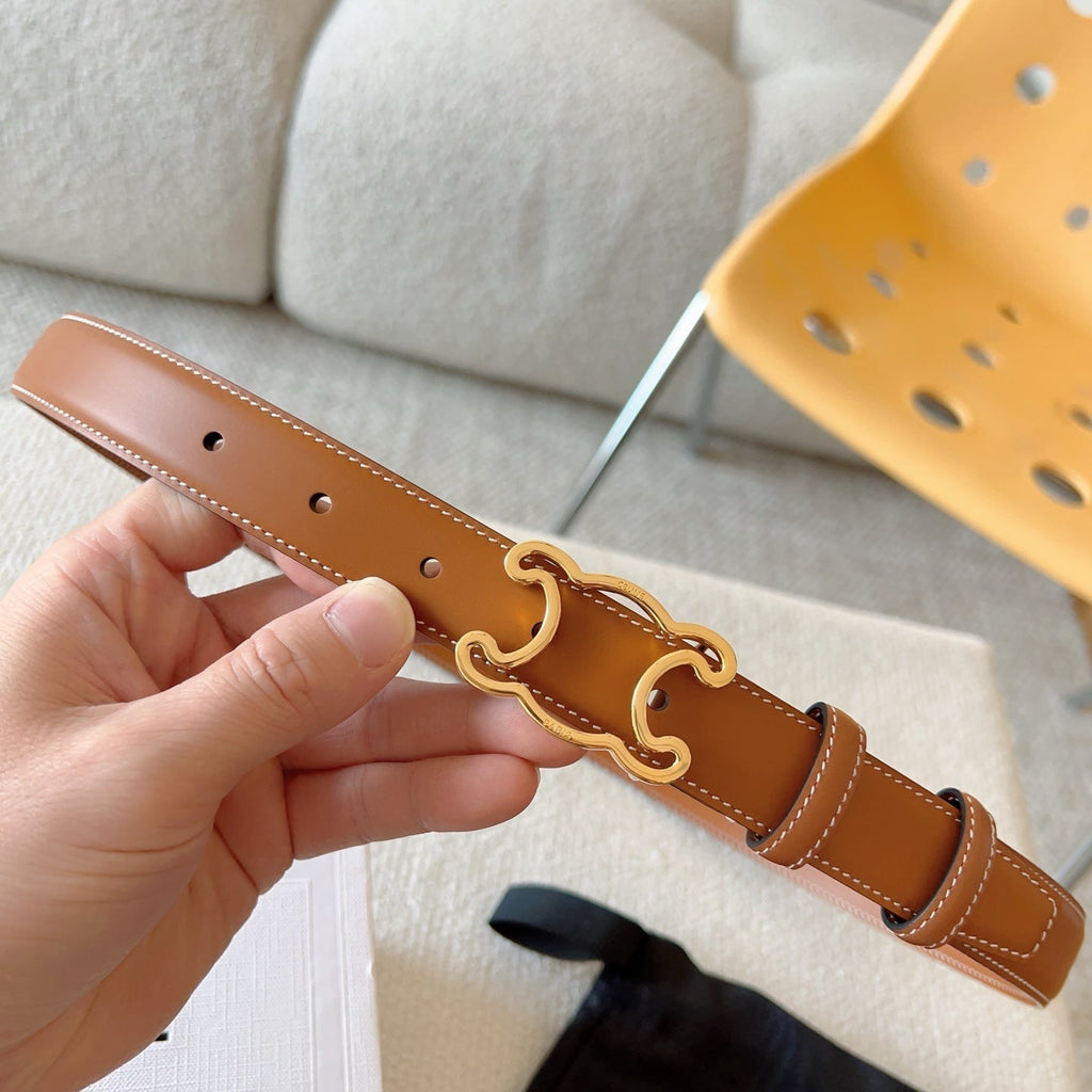 CELINE BELT 25MM TRIOMPHE LOGO CUT-OUT IN BROWN SMOOTH CALFSKIN WITH GOLD BUCKLE