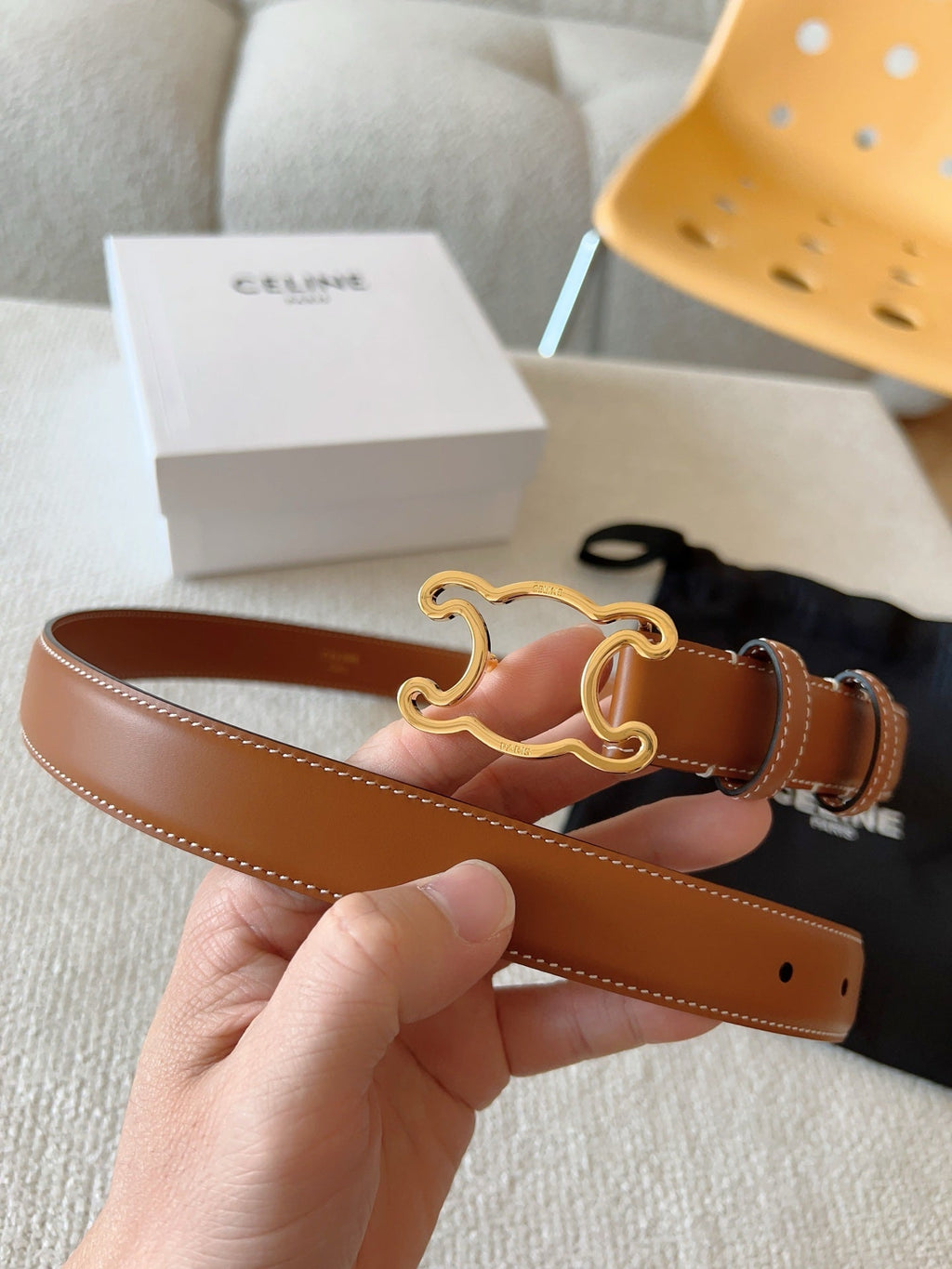 CELINE BELT 25MM TRIOMPHE LOGO CUT-OUT IN BROWN SMOOTH CALFSKIN WITH GOLD BUCKLE