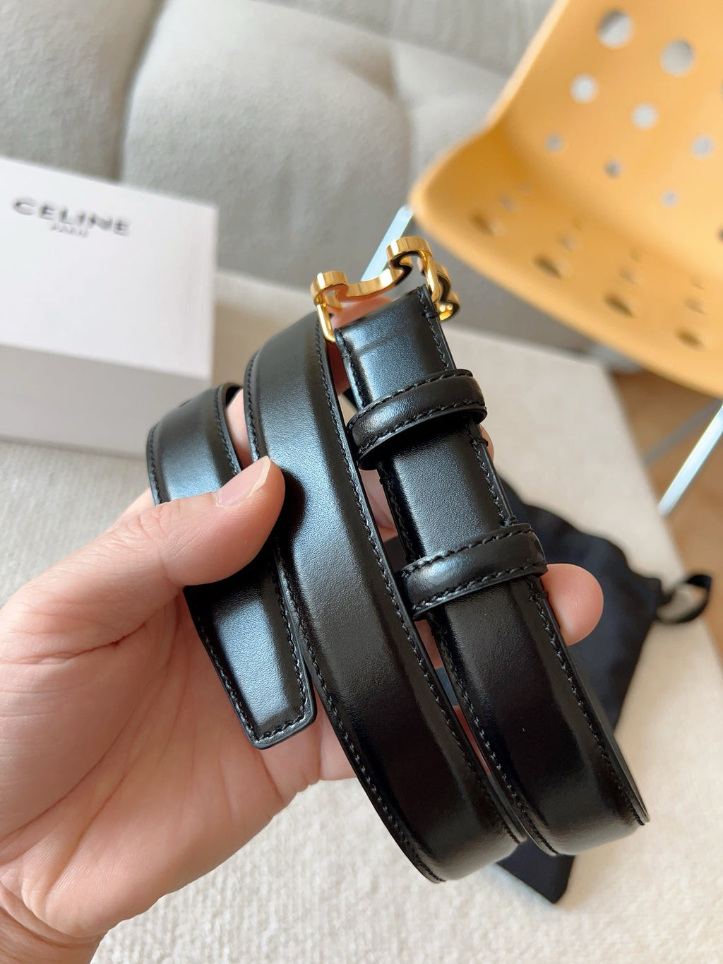 CELINE BELT 25MM TRIOMPHE LOGO CUT-OUT IN SMOOTH BLACK CALFSKIN WITH GOLD BUCKLE