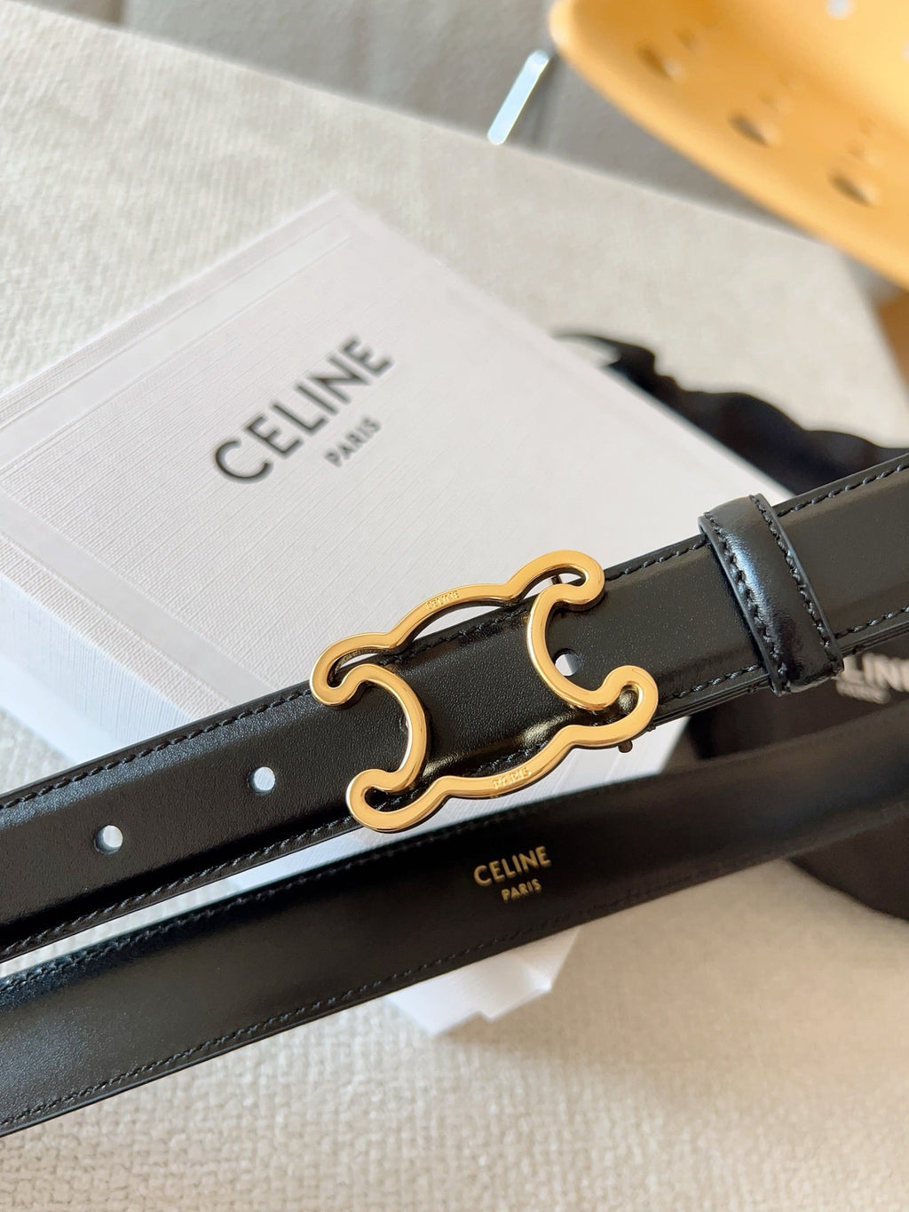 CELINE BELT 25MM TRIOMPHE LOGO CUT-OUT IN SMOOTH BLACK CALFSKIN WITH GOLD BUCKLE