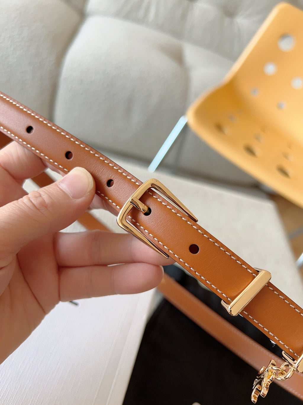CELINE CL BELT 18MM IN BROWN TAURILLON CALFSKIN GOLD BUCKLE