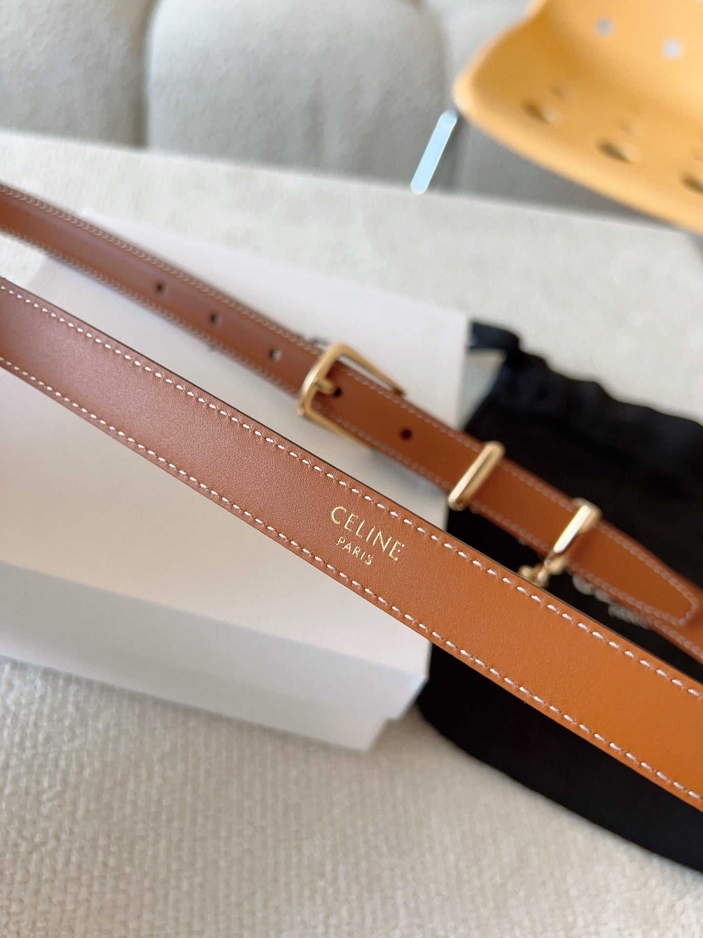 CELINE CL BELT 18MM IN BROWN TAURILLON CALFSKIN GOLD BUCKLE
