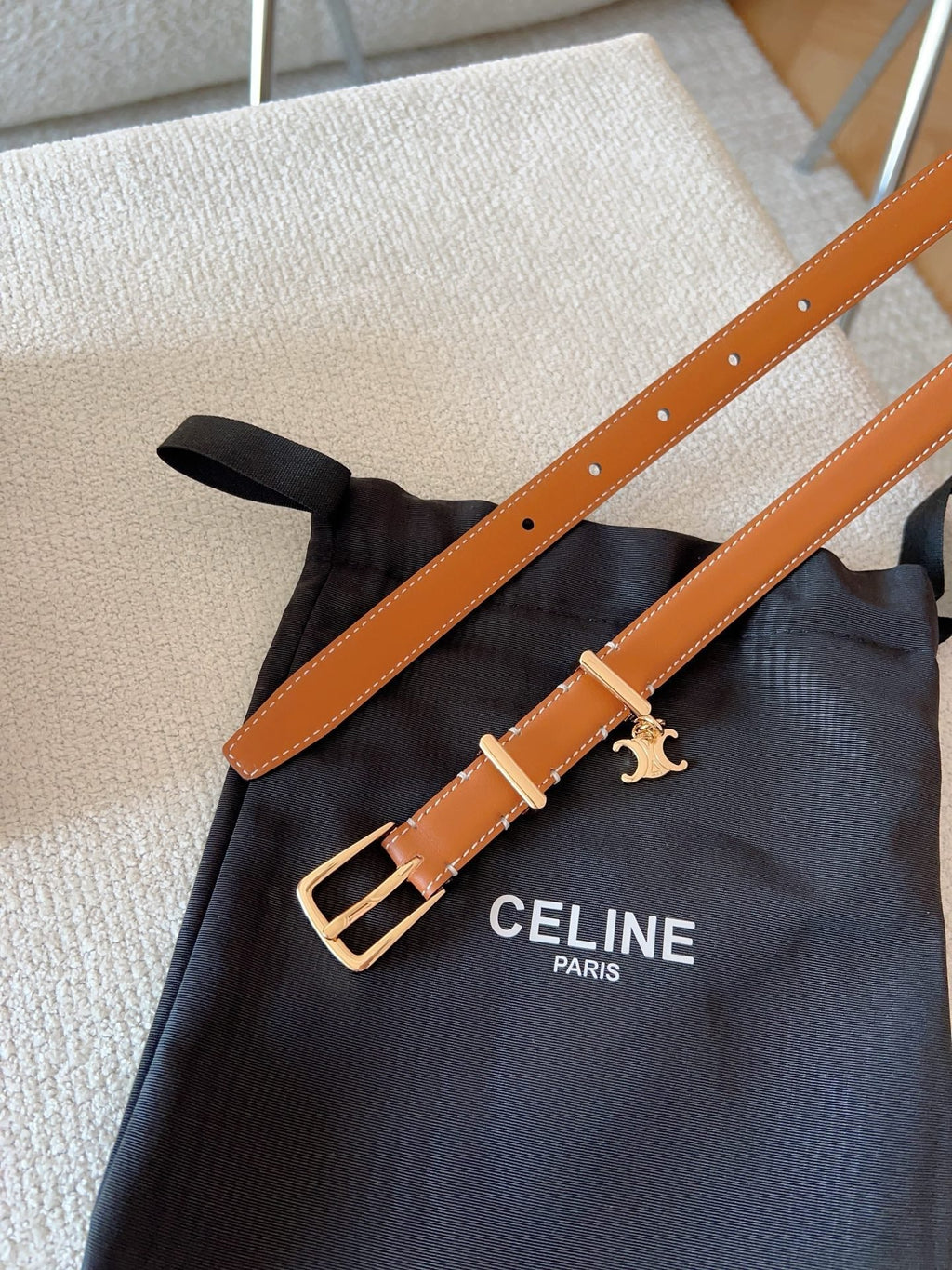 CELINE CL BELT 18MM IN BROWN TAURILLON CALFSKIN GOLD BUCKLE