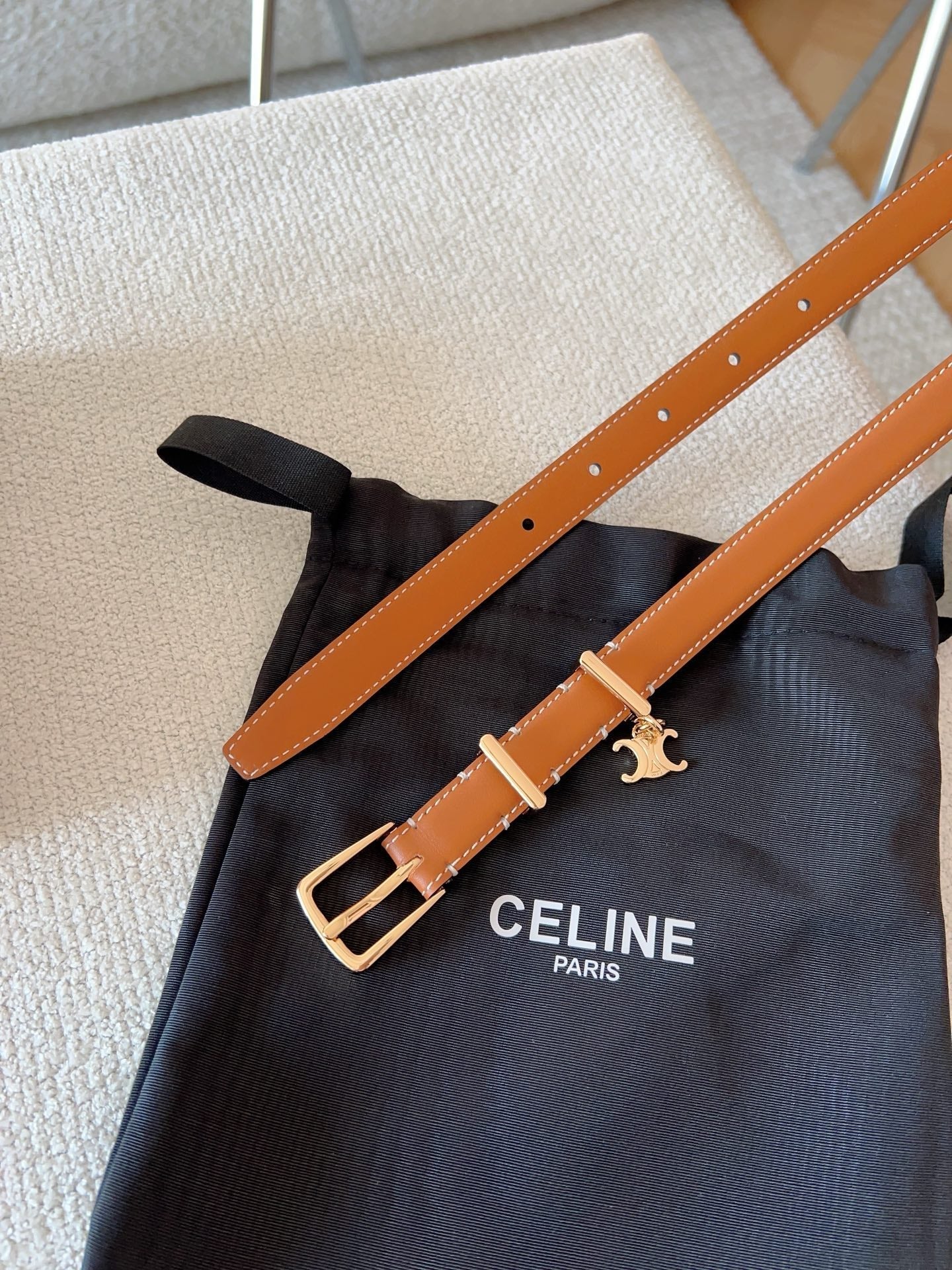 CELINE CL BELT 18MM IN BROWN TAURILLON CALFSKIN GOLD BUCKLE
