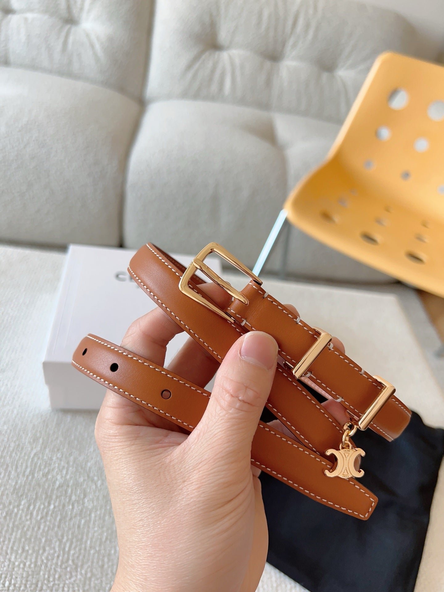 CELINE CL BELT 18MM IN BROWN TAURILLON CALFSKIN GOLD BUCKLE