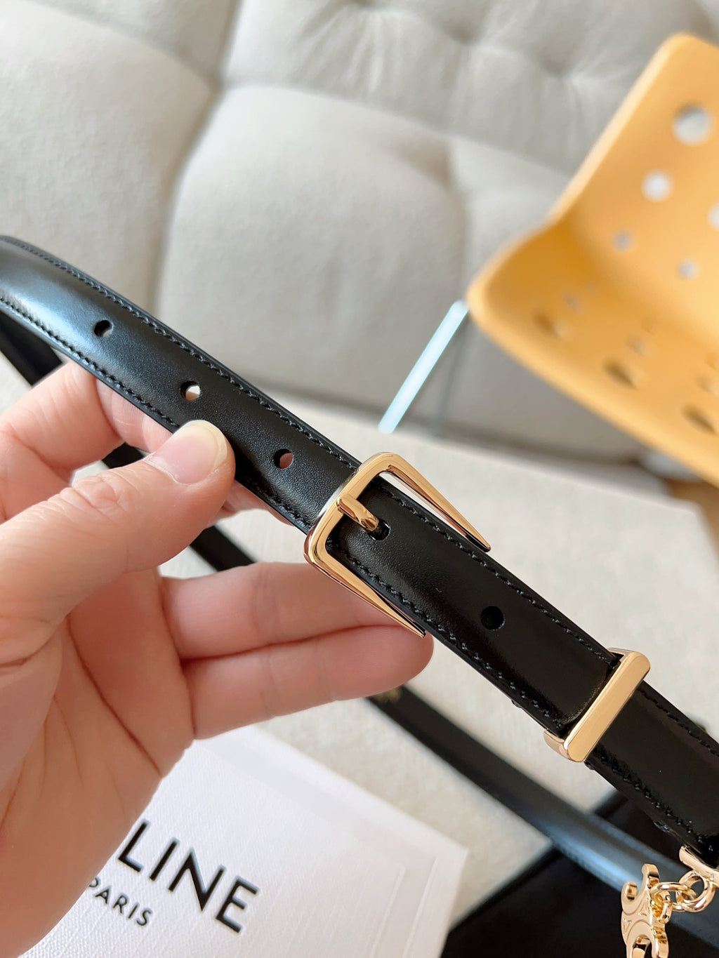 CELINE CL BELT 18MM IN BLACK TAURILLON GLOSSY CALFSKIN GOLD BUCKLE