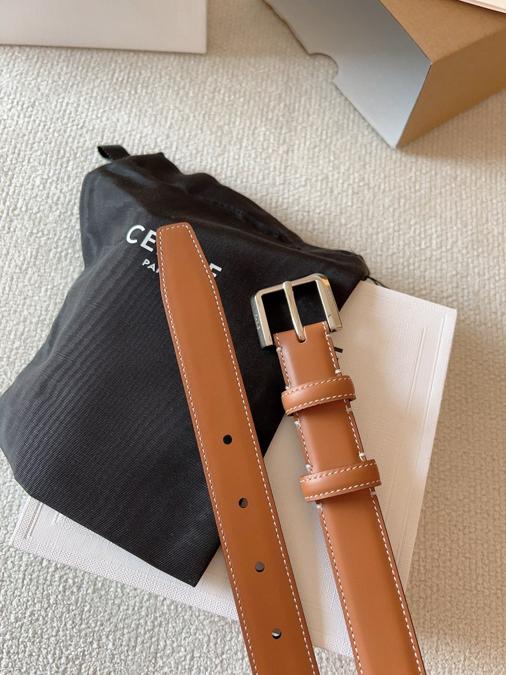 CELINE 25S BELT 25MM IN BROWN CALFSKIN SILVER HARDWARE 561793