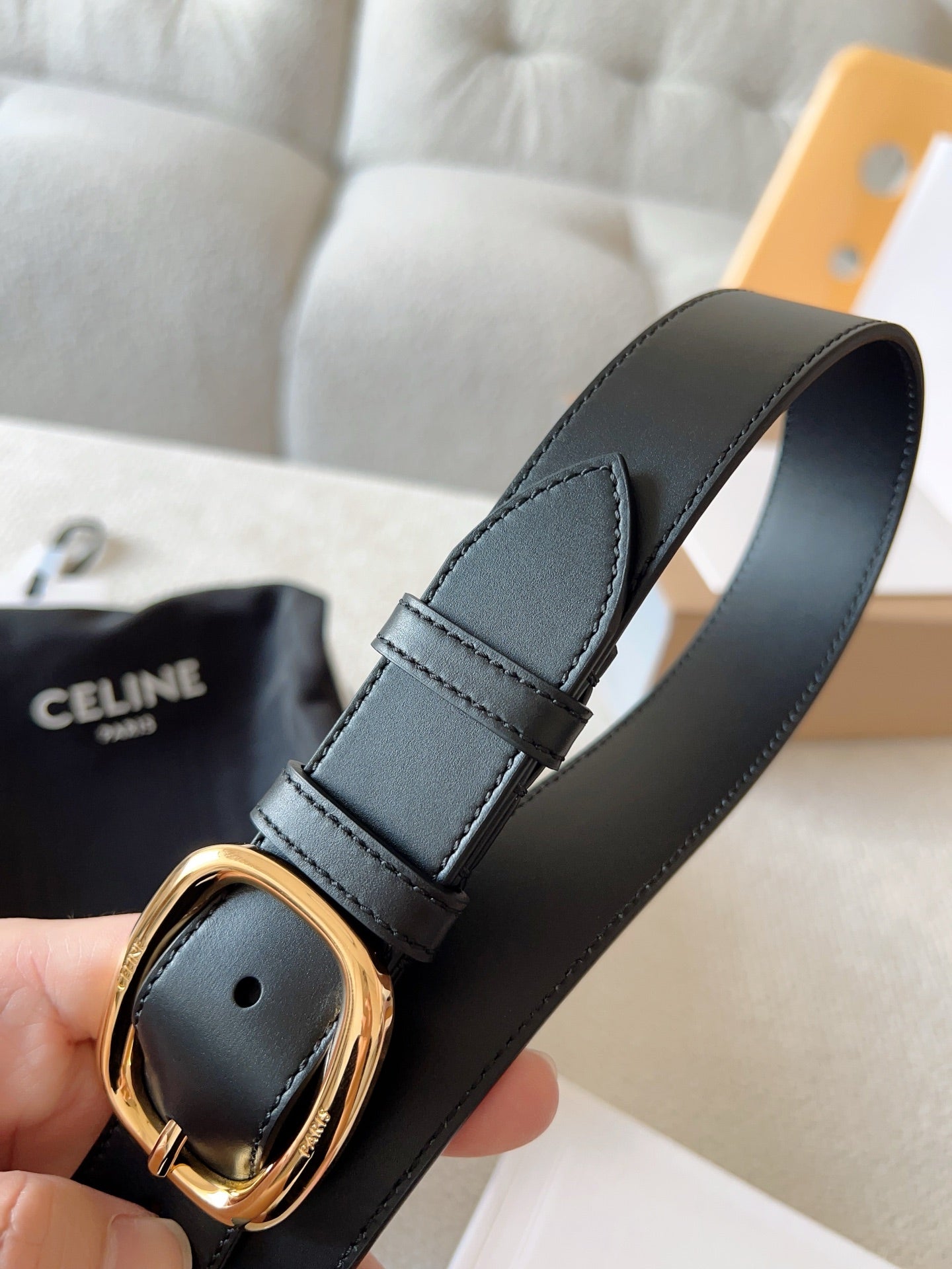 CELINE 25S SMALL 30MM WESTERN BELT IN BLACK CALFSKIN 566637