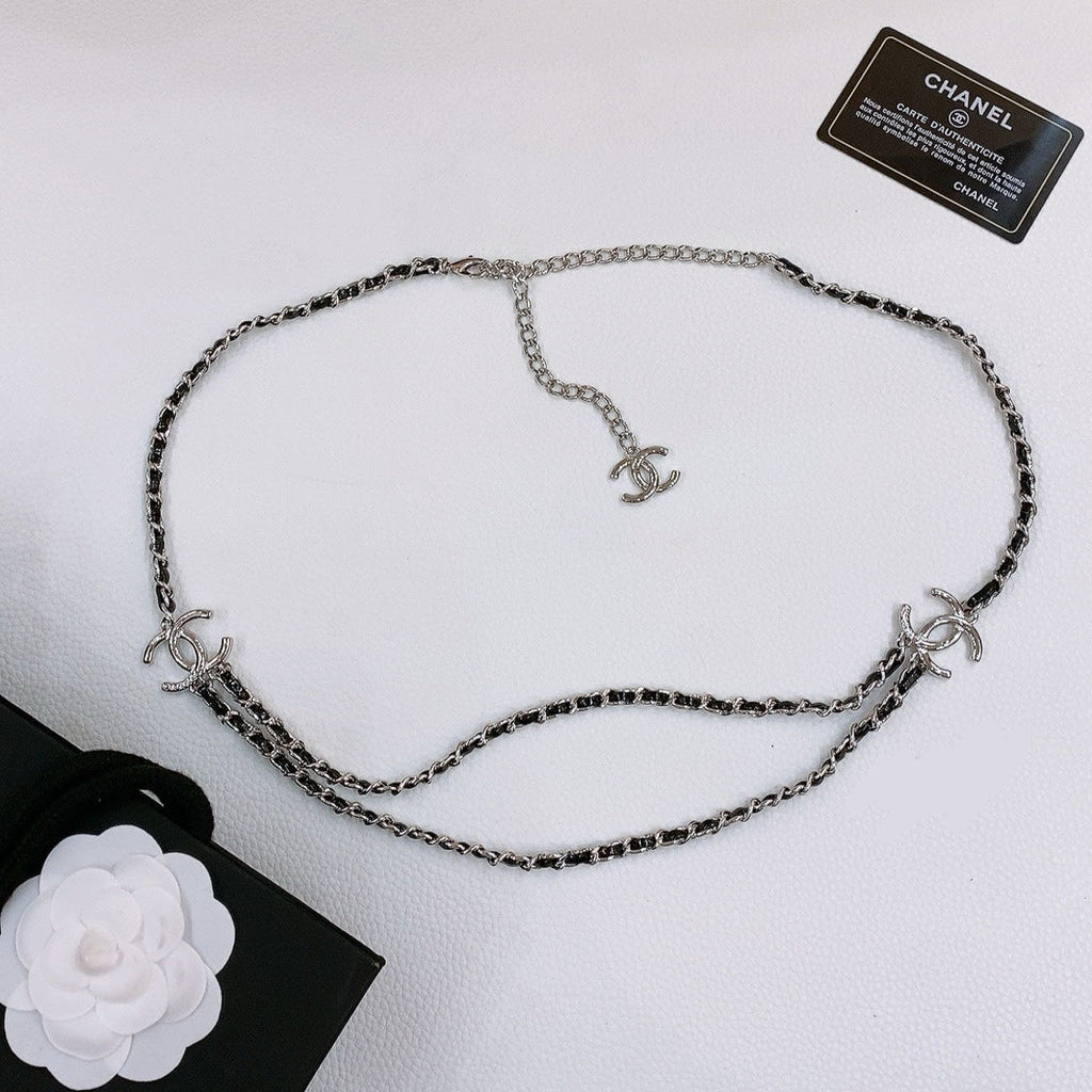 CHANEL CHAIN BELT IN SILVER METAL INTERWOVEN WITH CALFSKIN STRAPS