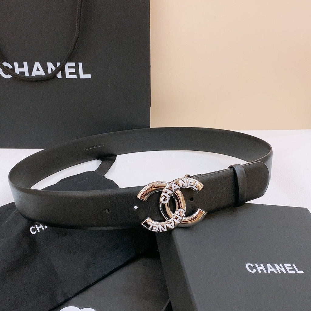 CHANEL DOUBLE C BELT 40MM IN BLACK CALFSKIN SILVER BUCKLE EMBOSSED WHITE LOGO