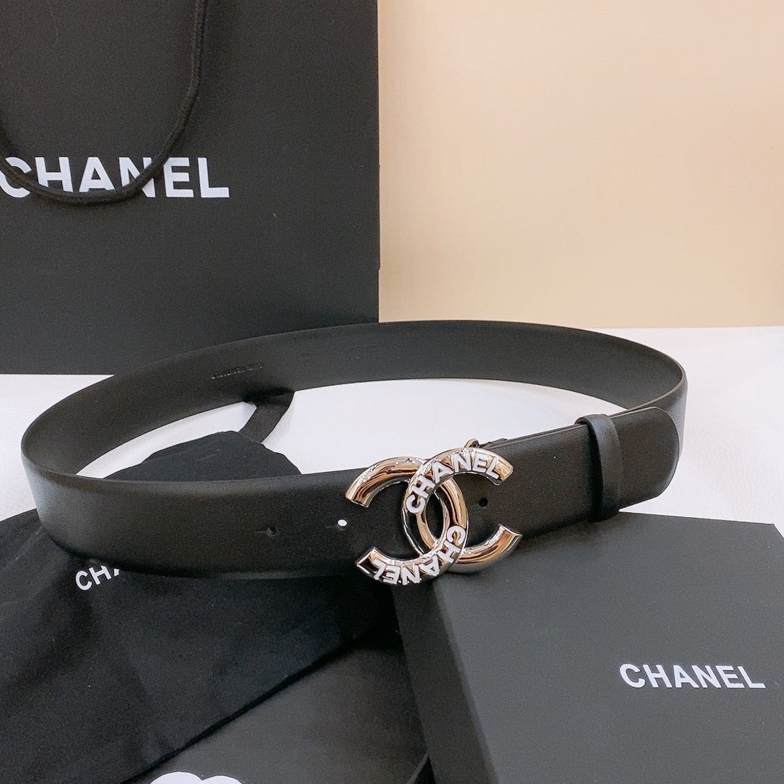 CHANEL DOUBLE C BELT 40MM IN BLACK CALFSKIN SILVER BUCKLE EMBOSSED WHITE LOGO