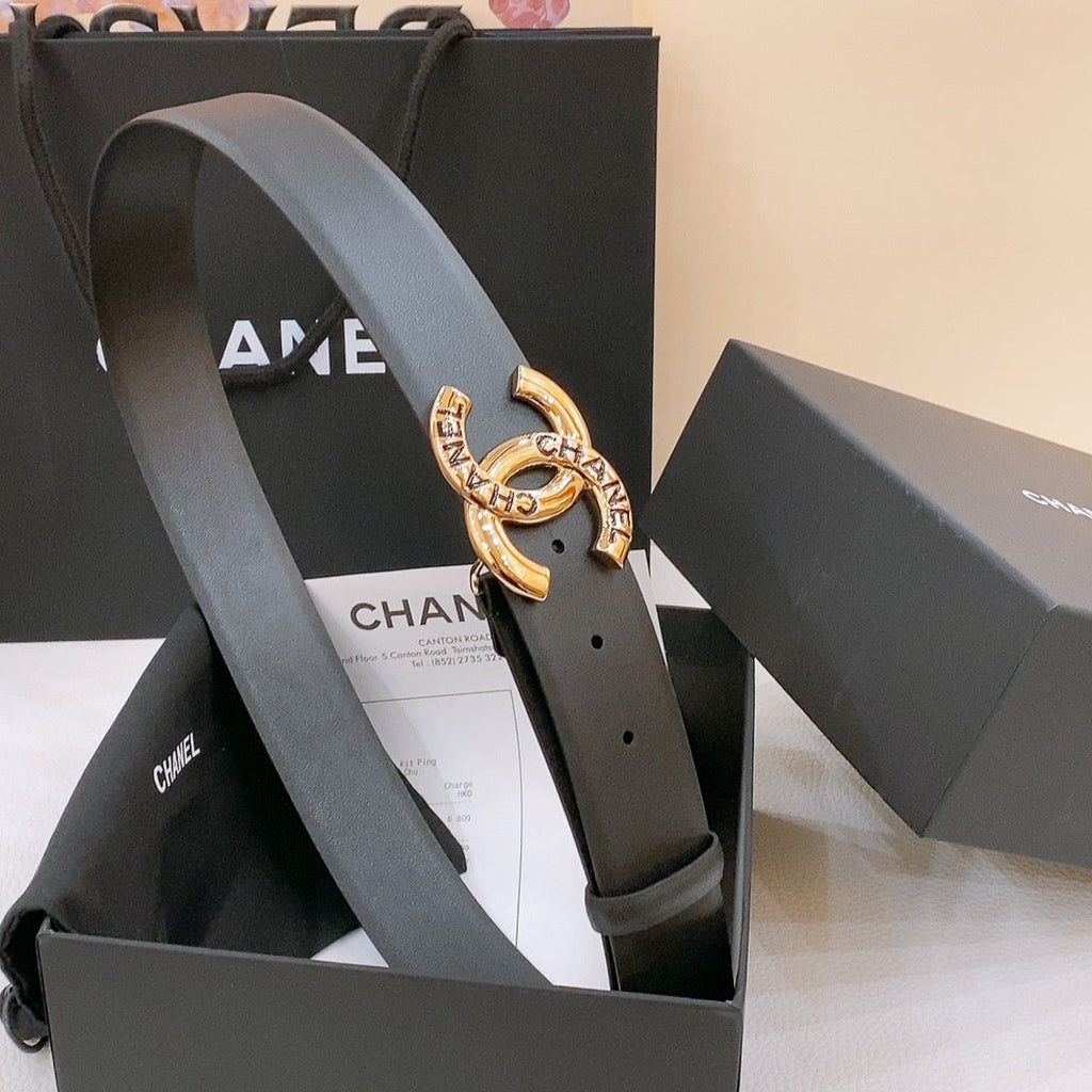 CHANEL DOUBLE C BELT 40MM IN BLACK CALFSKIN GOLD BUCKLE EMBOSSED BLACK LOGO