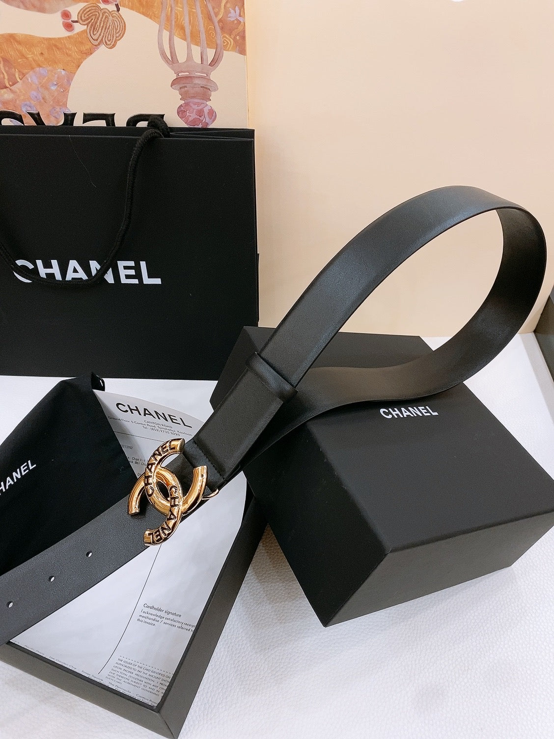 CHANEL DOUBLE C BELT 40MM IN BLACK CALFSKIN GOLD BUCKLE EMBOSSED BLACK LOGO