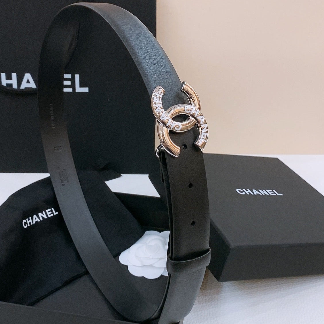 CHANEL DOUBLE C BELT 30MM IN BLACK CALFSKIN SILVER BUCKLE EMBOSSED WHITE LOGO
