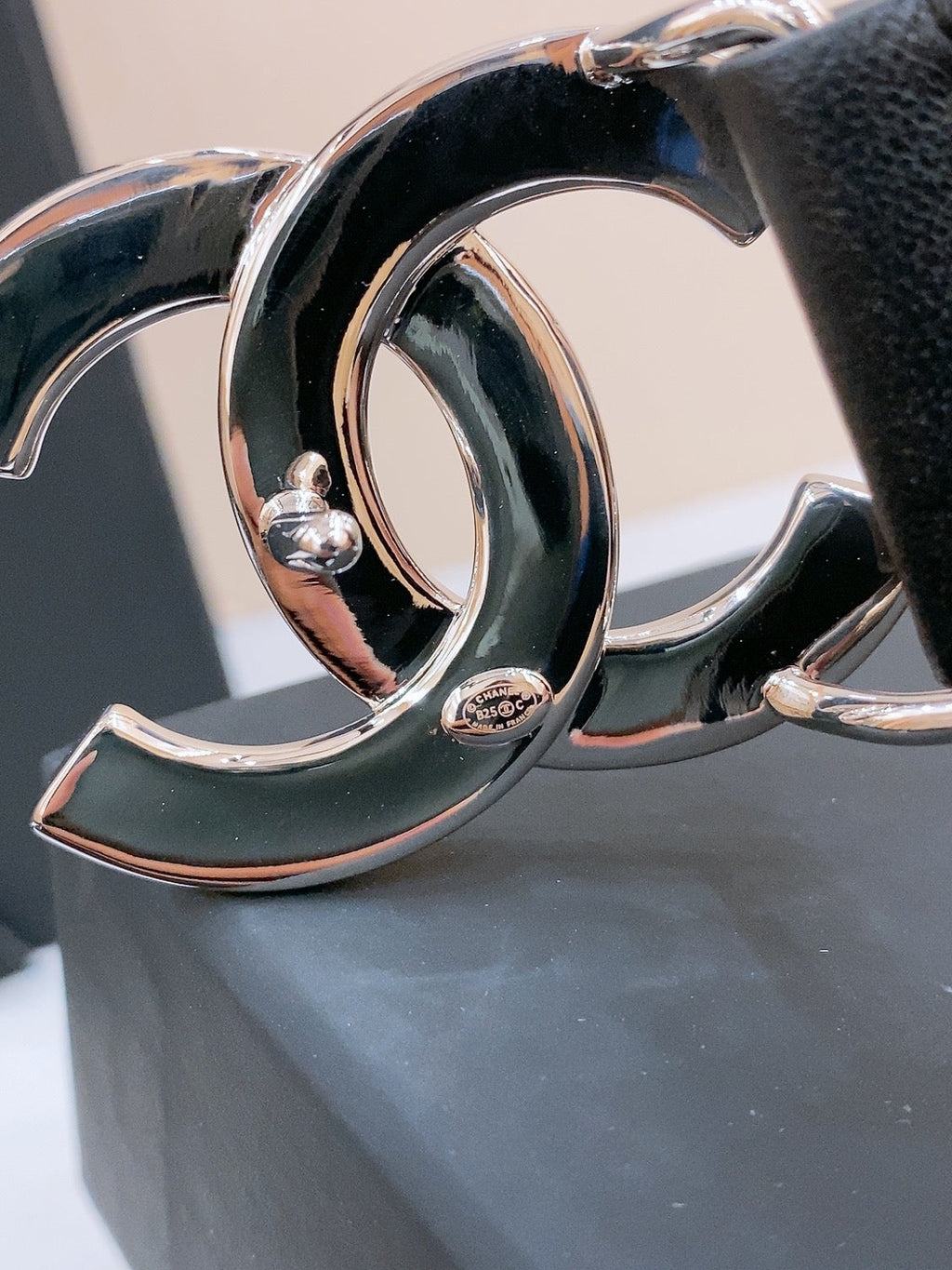 CHANEL DOUBLE C BELT 30MM IN BLACK CALFSKIN SILVER BUCKLE EMBOSSED WHITE LOGO