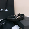 CHANEL DOUBLE C BELT 30MM IN BLACK CALFSKIN SILVER BUCKLE EMBOSSED WHITE LOGO