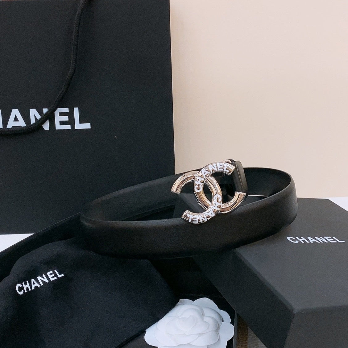 CHANEL DOUBLE C BELT 30MM IN BLACK CALFSKIN SILVER BUCKLE EMBOSSED WHITE LOGO