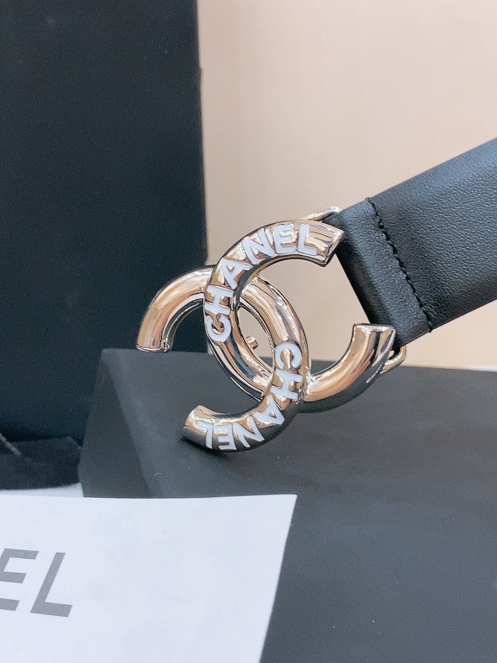 CHANEL DOUBLE C BELT 30MM IN BLACK CALFSKIN SILVER BUCKLE EMBOSSED WHITE LOGO