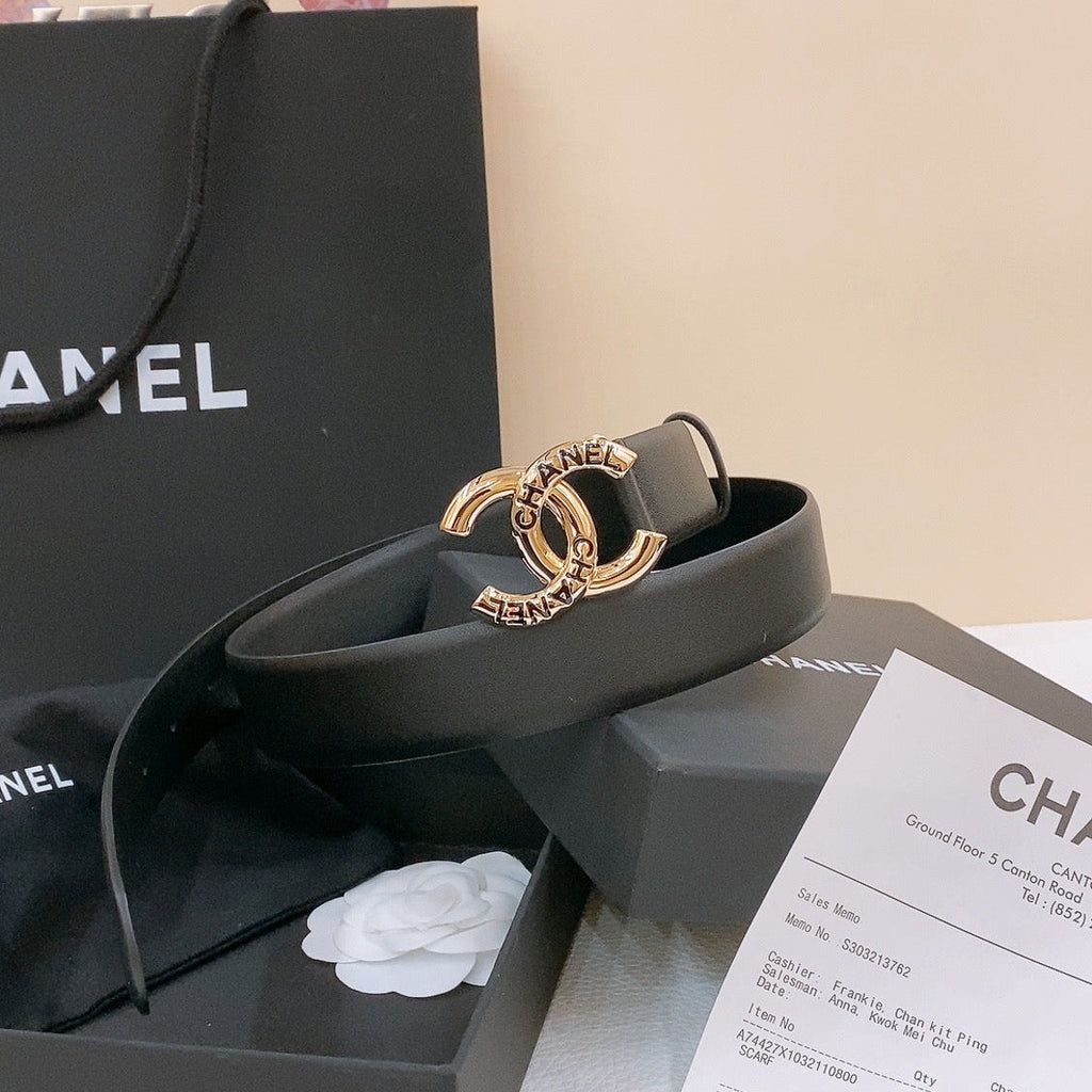 CHANEL DOUBLE C BELT 30MM IN BLACK CALFSKIN GOLD BUCKLE EMBOSSED LOGO