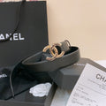 CHANEL DOUBLE C BELT 30MM IN BLACK CALFSKIN GOLD BUCKLE EMBOSSED LOGO