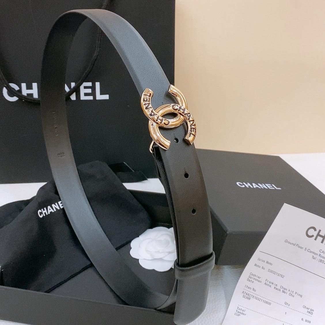 CHANEL DOUBLE C BELT 30MM IN BLACK CALFSKIN GOLD BUCKLE EMBOSSED LOGO
