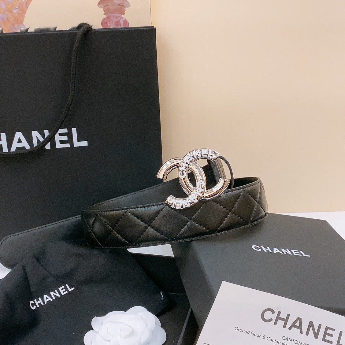 CHANEL DOUBLE C BELT 40MM IN BLACK QUILTED LAMBSKIN SILVER RESIN BUCKLE