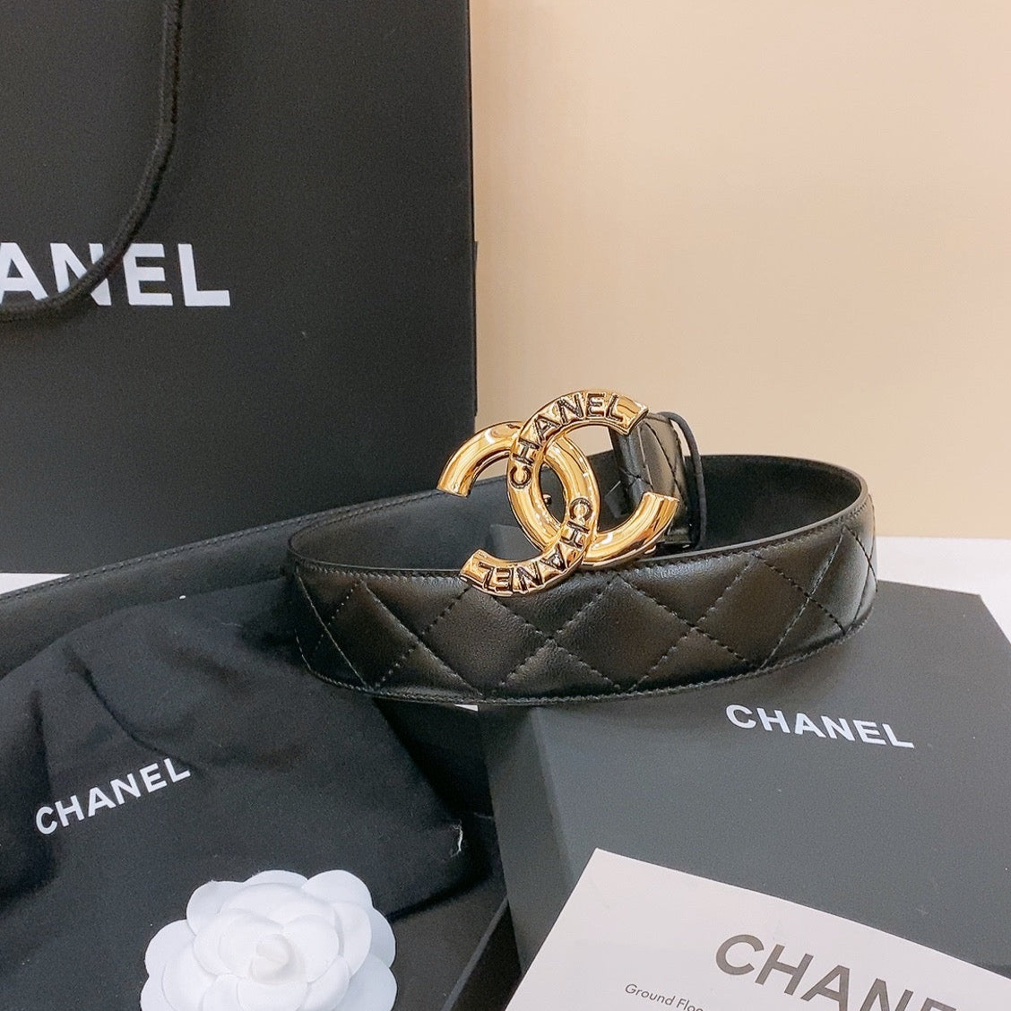 CHANEL DOUBLE C BELT 40MM IN BLACK QUILTED LAMBSKIN GOLD BUCKLE EMBOSSED LOGO
