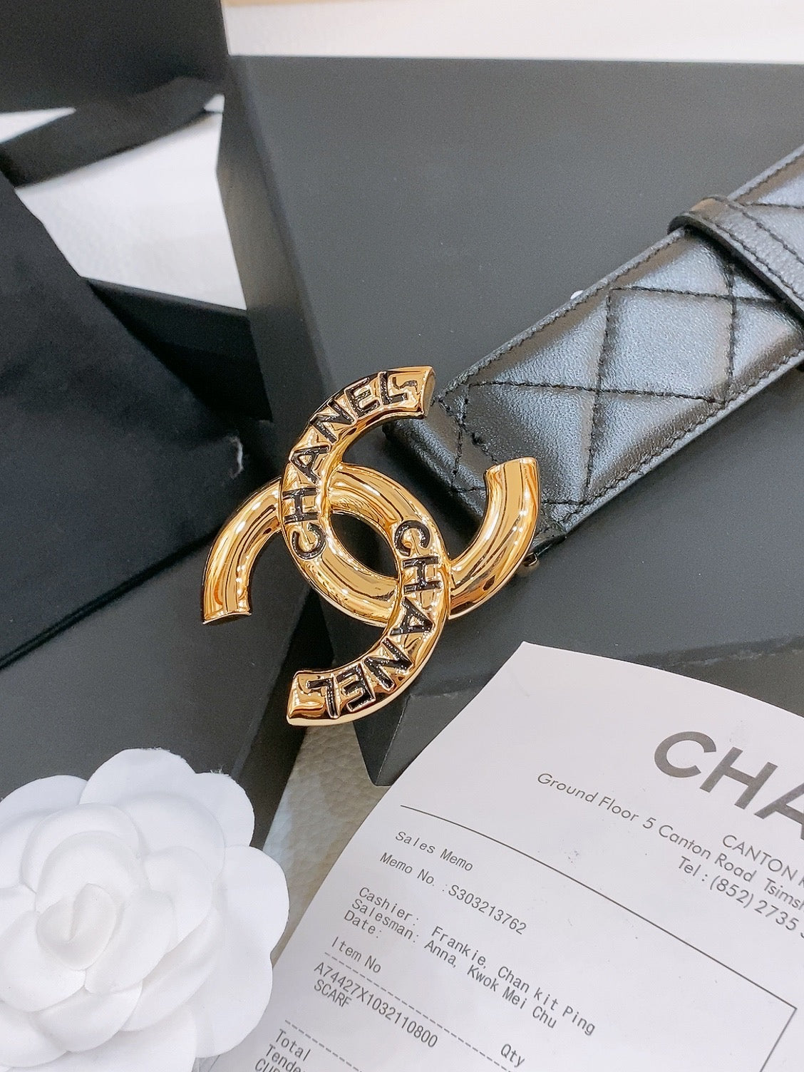 CHANEL DOUBLE C BELT 40MM IN BLACK QUILTED LAMBSKIN GOLD BUCKLE EMBOSSED LOGO