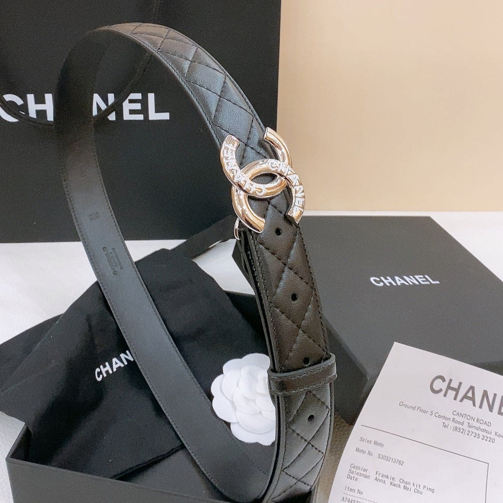 CHANEL DOUBLE C BELT 30MM IN BLACK QUILTED LAMBSKIN WITH SILVER RESIN BUCKLE EMBOSSED LOGO