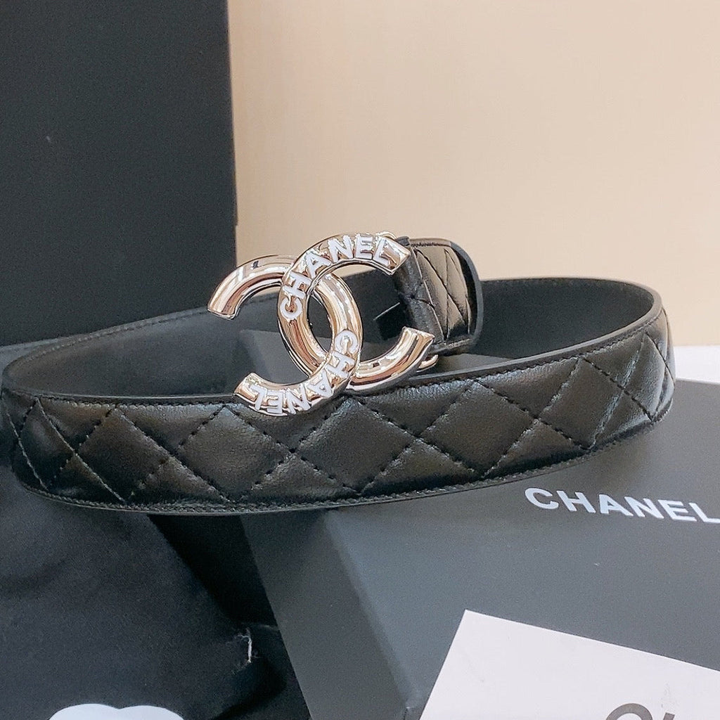 CHANEL DOUBLE C BELT 30MM IN BLACK QUILTED LAMBSKIN WITH SILVER RESIN BUCKLE EMBOSSED LOGO