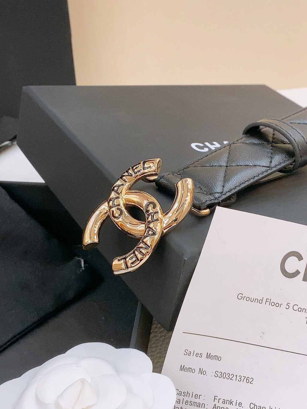 CHANEL DOUBLE C BELT 30MM IN BLACK QUILTED LAMBSKIN WITH GOLD RESIN BUCKLE ENGRAVED LOGO