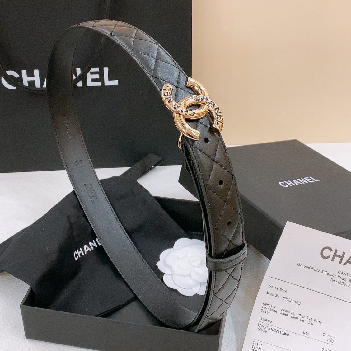 CHANEL DOUBLE C BELT 30MM IN BLACK QUILTED LAMBSKIN WITH GOLD RESIN BUCKLE ENGRAVED LOGO