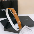 CHANEL BELT 30MM IN BROWN AND WHITE CALFSKIN WITH INTERWOVEN GOLD CHAIN BUCKLE