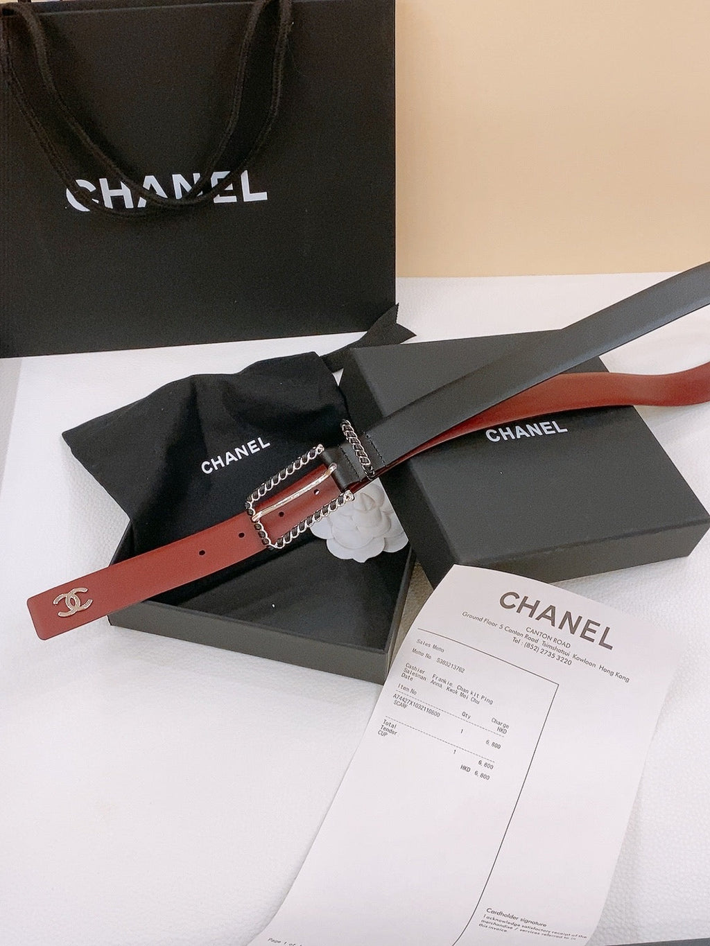 CHANEL BELT 30MM IN BLACK AND RED CALFSKIN WITH INTERWOVEN SILVER CHAIN BUCKLE