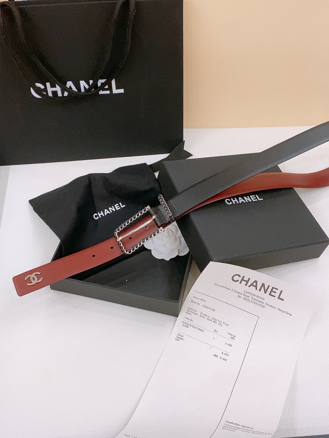 CHANEL BELT 30MM IN BLACK AND RED CALFSKIN WITH INTERWOVEN SILVER CHAIN BUCKLE