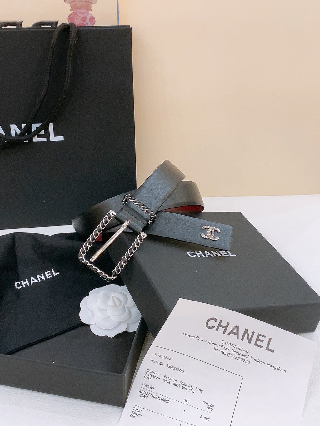 CHANEL BELT 30MM IN BLACK AND RED CALFSKIN WITH INTERWOVEN SILVER CHAIN BUCKLE